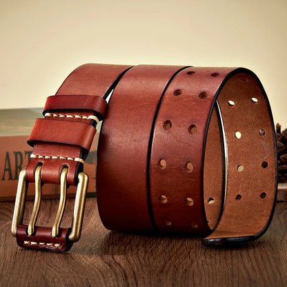 3.8cm Wide Retro Vintage Men's Belt Cowhide Genuine Leather Belt Copper Double Needle Buckle Handmade Cowboy Jeans Belt