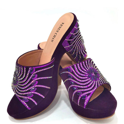 2023 The Latest Italian Design Rotary Rhine-Diamond Floral Thick Heel Platform Women's Comfortable Shoes Bag and Shoe Set