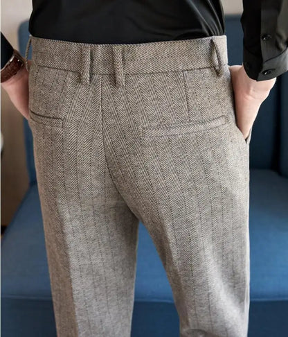 2025 Autumn Winter New Stripe Woolen Cloth Suit Pants Men Thick Warm Fashion Business Casual Male Straight Formal Trousers