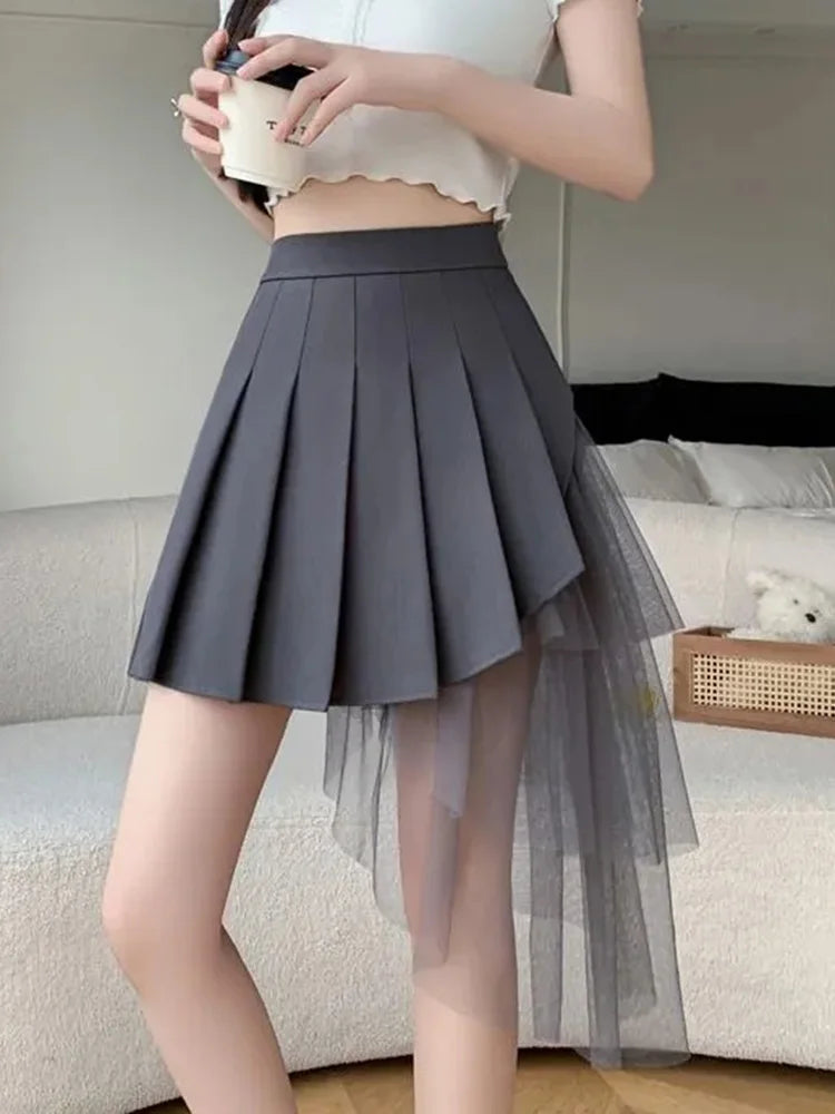 Mesh Patchwork Pleated Skirts Women High Waist Fashion Slim Sexy Mini Skirt Korean Sweet Preppy Style Spring Summer A Line Skirt