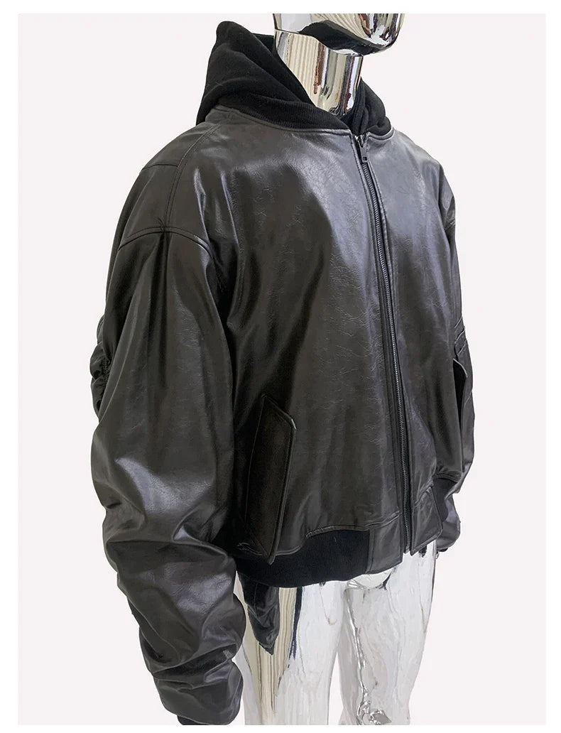 Spring Oversized Vintage Black Faux Suede Leather Jacket Men Zipper Fake 2 Piece Luxury Designer Clothes Hoodie 2024