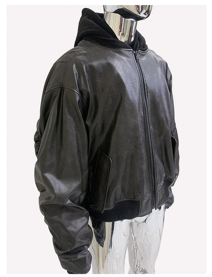 Spring Oversized Vintage Black Faux Suede Leather Jacket Men Zipper Fake 2 Piece Luxury Designer Clothes Hoodie 2024