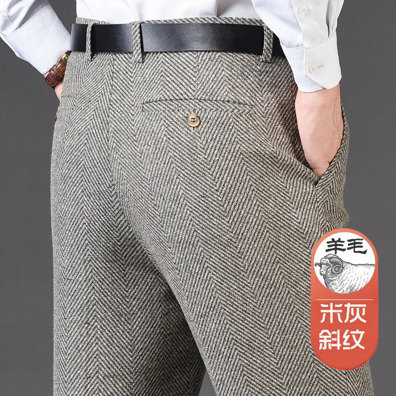 Autumn Winter Suit Pants Thicken Mens British Pants Straight Flat Loose High Waist Twill Dress Men Wool Trousers Size 40 42 44