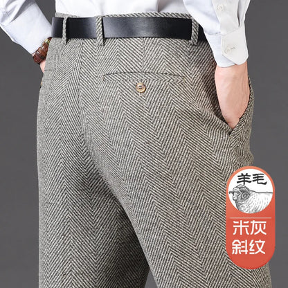 Autumn Winter Suit Pants Thicken Mens British Pants Straight Flat Loose High Waist Twill Dress Men Wool Trousers Size 40 42 44