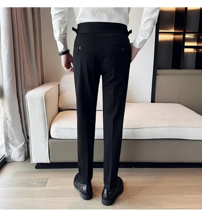 Autumn Winter High Waist Business Dress Pants Men Casual Belt Design Slim Suit Pants Formal Wedding Social Party Male Trousers
