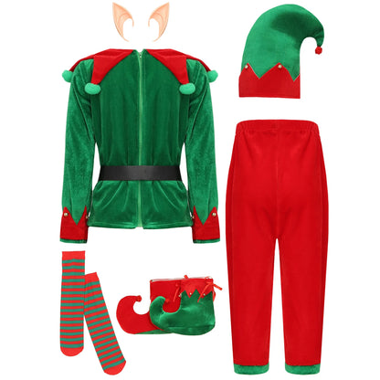Boys Christmas Elf Costume Xmas Santa Clause Set with Shirt Pants Hat Elf Ears Belt Stockings Festivals New Year Fancy Dress Up
