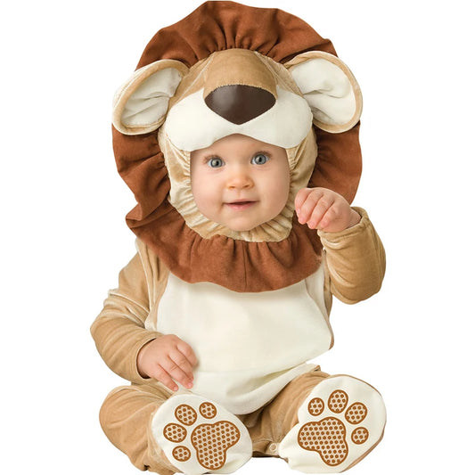 Cartoon Little King of Beasts Lion Costume Romper Jumpsuit for Baby Boy Infant Toddler Winter Outfit Pajamas Flannel Comfy 3-36M