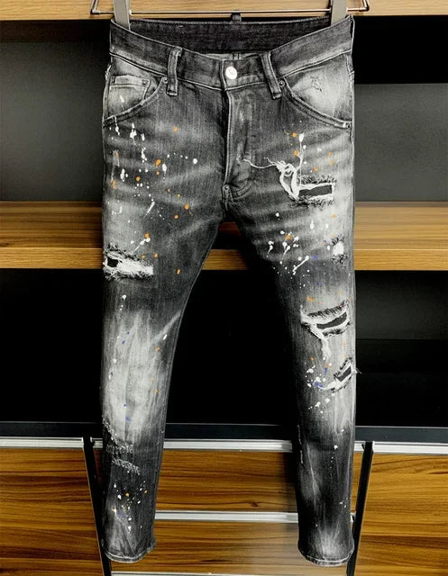 Men Jeans Denim Pants Hole Slim Pencil Trousers Metal Buttons Party Classics Fashionable Black DSQ2 JENAS