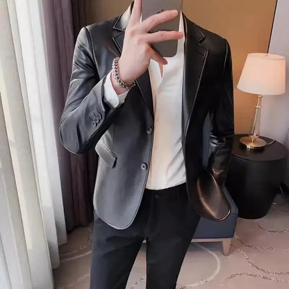 Men's Leather Jacket 2024 Autumn Highend Fashion Solid Slim Fit Business Blazers Coats Korean Casual PU Leather Suit Tuxedo