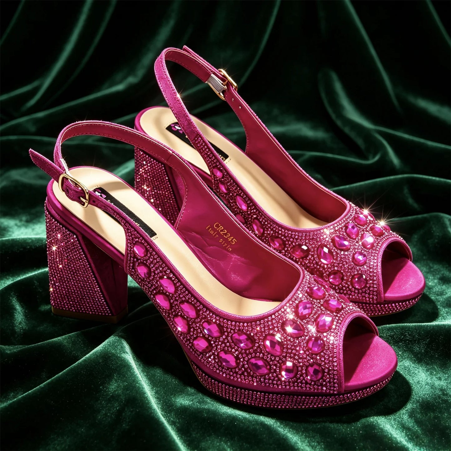 2026 Chic Fuchsia Peep Toe Heels with Sparkling Diamond Accents - Italian Designed Matching Pump and Bag Set for Stunning Party