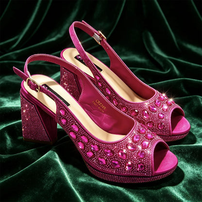 2026 Chic Fuchsia Peep Toe Heels with Sparkling Diamond Accents - Italian Designed Matching Pump and Bag Set for Stunning Party