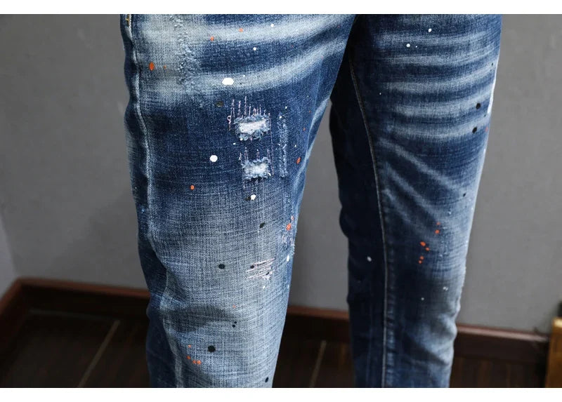 Fashion Designer Men Jeans Retro Blue Stretch Slim Fit Painted Ripped Jeans Men Korean Style Vintage Casual Denim Pants Hombre