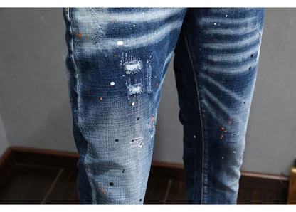 Fashion Designer Men Jeans Retro Blue Stretch Slim Fit Painted Ripped Jeans Men Korean Style Vintage Casual Denim Pants Hombre