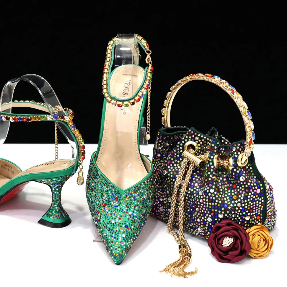 2023 Italian Design Luxury Women's Shoes And Bag Set, Full Diamond Decoration Metal Closure Bag