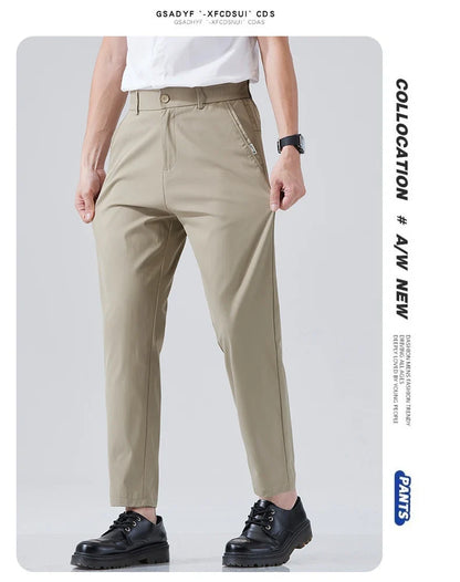 2026 Spring Summer Thin Ice Silk Suit Pants Men's Business Straight Slim High Elastic Ankle Length Casual Pants Male