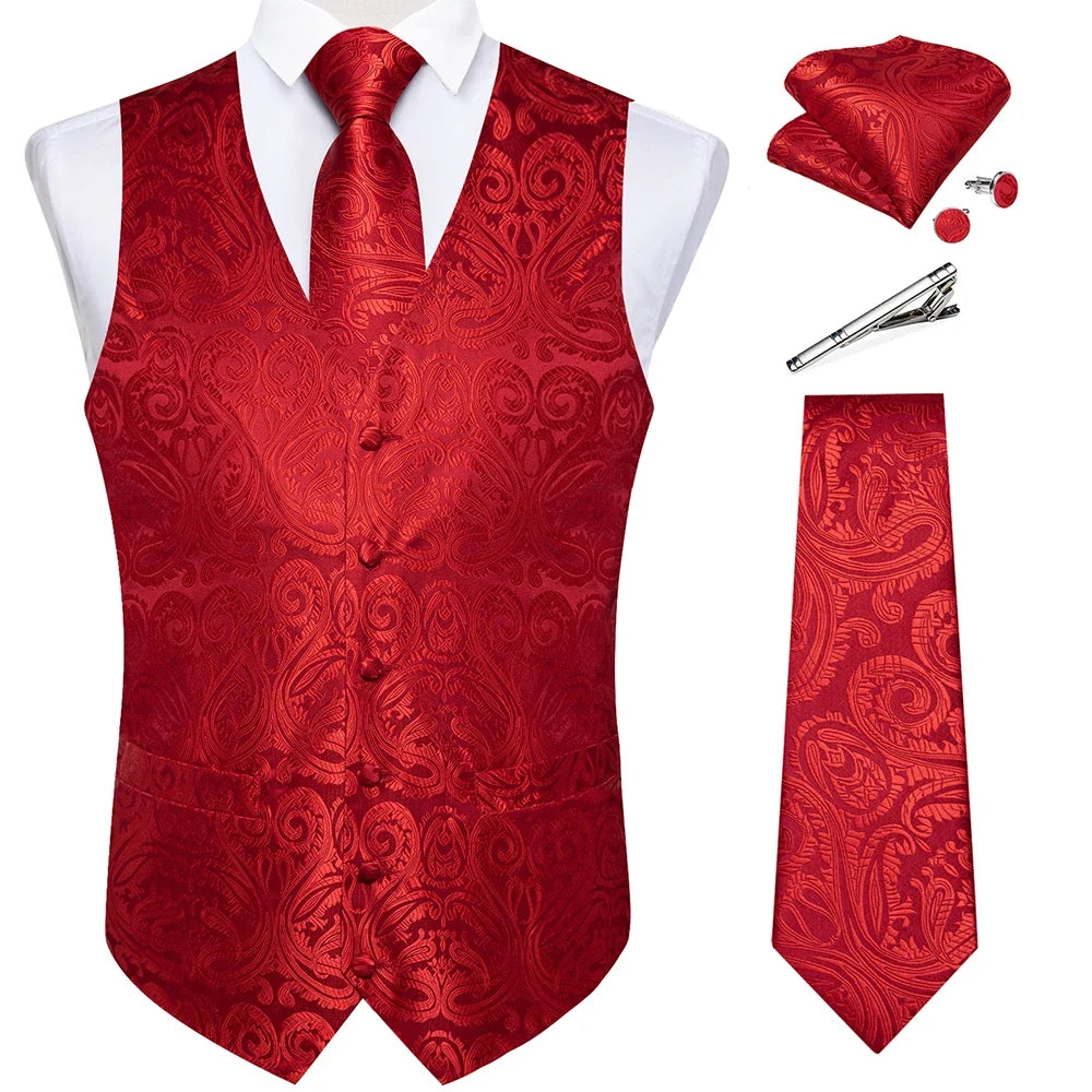 Suit Vest for Men Black Solid Paisley Wedding Prom Groom Jacquard Waistcoat with Necktie for Tuxedo Men Clothing