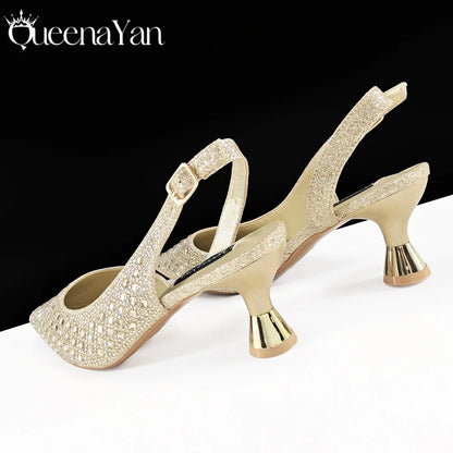Coffee Color Elegant Lady Shoes And Bag Set with Full Rhinestone Embellished Pearls-knot And Comfortable Heel
