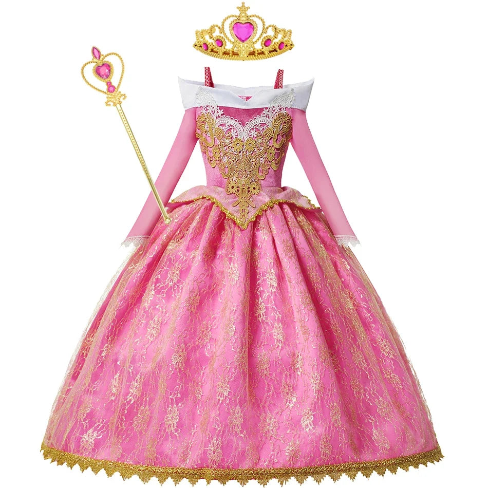 Girls Princess Dress Sleeping Beauty Aurora Cosplay Costume 2025 Kids Carnival Birthday Party Pink  Long Sleeve  Evening Dresses