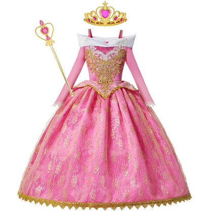 Girls Princess Dress Sleeping Beauty Aurora Cosplay Costume 2025 Kids Carnival Birthday Party Pink  Long Sleeve  Evening Dresses