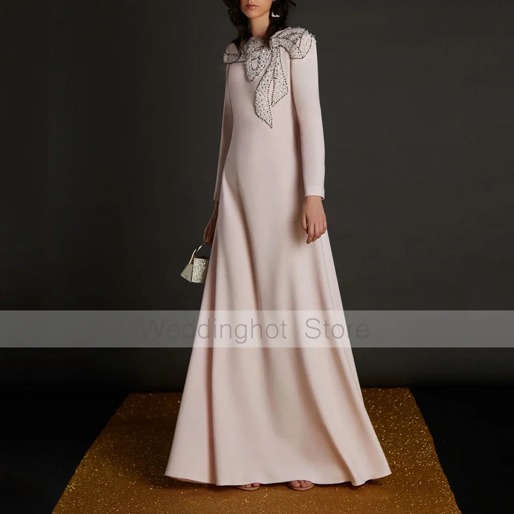 Customized Wedding Guest Dresses for Women Beading Bow Modest Evening Gowns Long Sleeves O Neck A Line Luxury Formal Party Dress