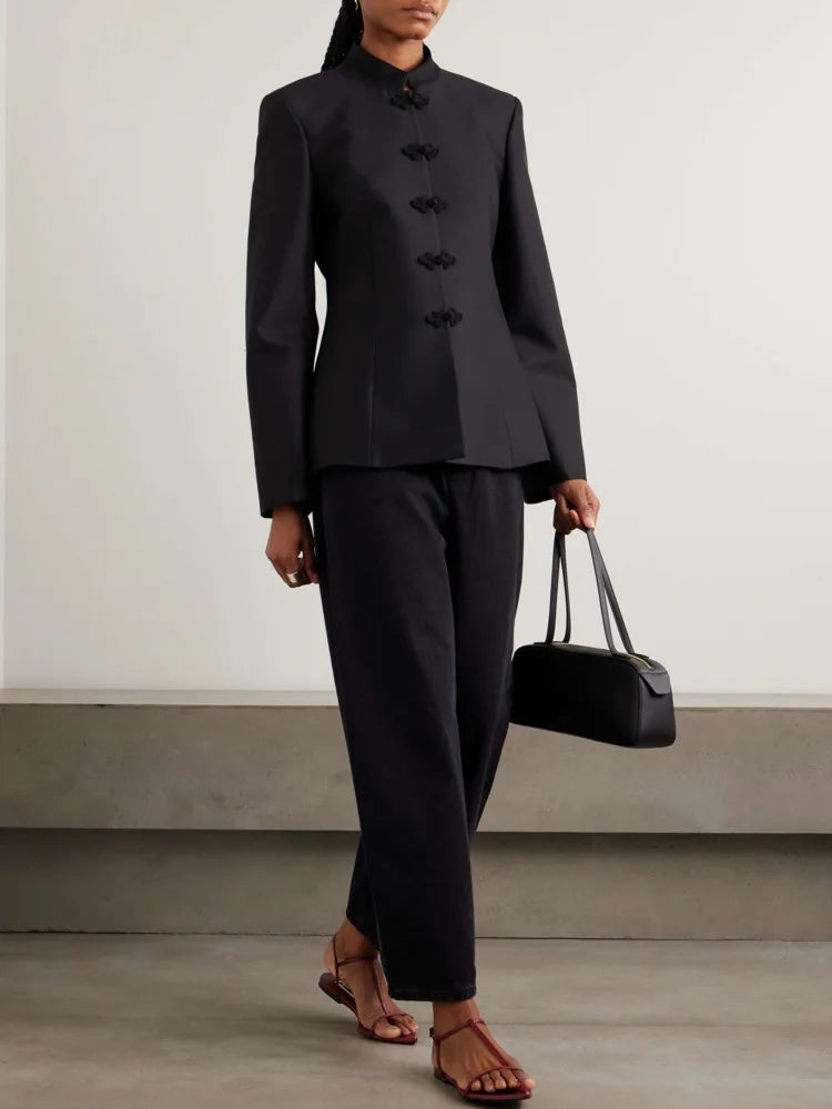 Women's Spring Summer Mandarin Collar Knot Button Fitted Blazer Elegant Office Casual 2026 Trendy Feminine Fashion Coat