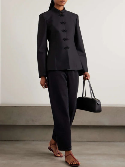 Women's Spring Summer Mandarin Collar Knot Button Fitted Blazer Elegant Office Casual 2026 Trendy Feminine Fashion Coat
