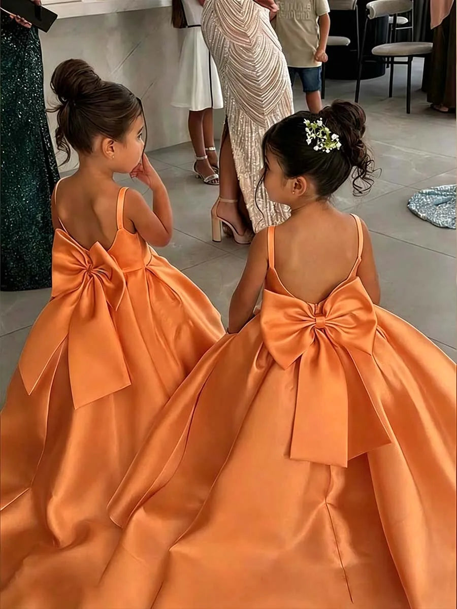 White Flower Girl Dress With Bow Strap Mini Bridal Wedding Dress Kids Ball Gown 1st Communion Frock Customized Vestidos De Noiva