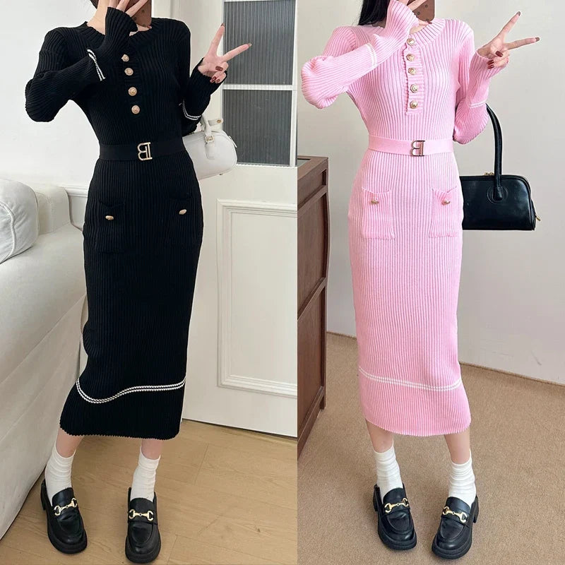 2025 Autumn Winter Women Knitted Dress Brand Fashion O-neck Buttons Bodycon Sweater Dress with Belt Lady Office Dress