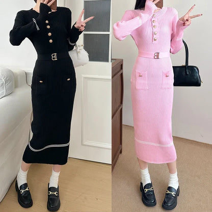 2025 Autumn Winter Women Knitted Dress Brand Fashion O-neck Buttons Bodycon Sweater Dress with Belt Lady Office Dress