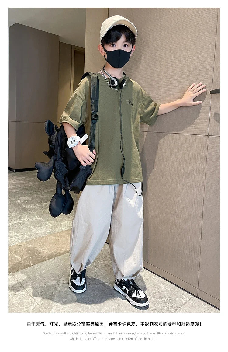 Teens Children's Summer Sets for Boys Clothing Cotton Set 2025 New Fashion Kids Loose Handsome T-shirt+ Lantern Pants Set Outfit