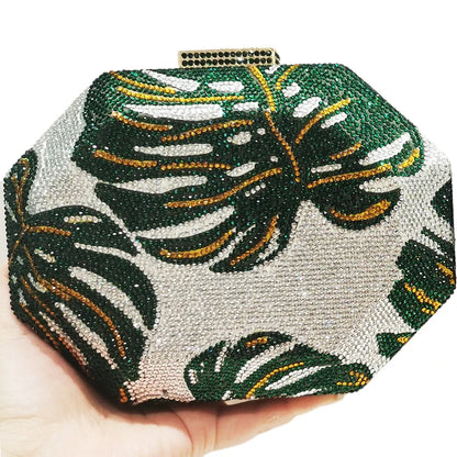 Green Leaf Diamond Evening Bag Gold Crystal Wedding Prom Clutches Formal Lady Rhinetone Chain Shoulder Handbags Party Purse