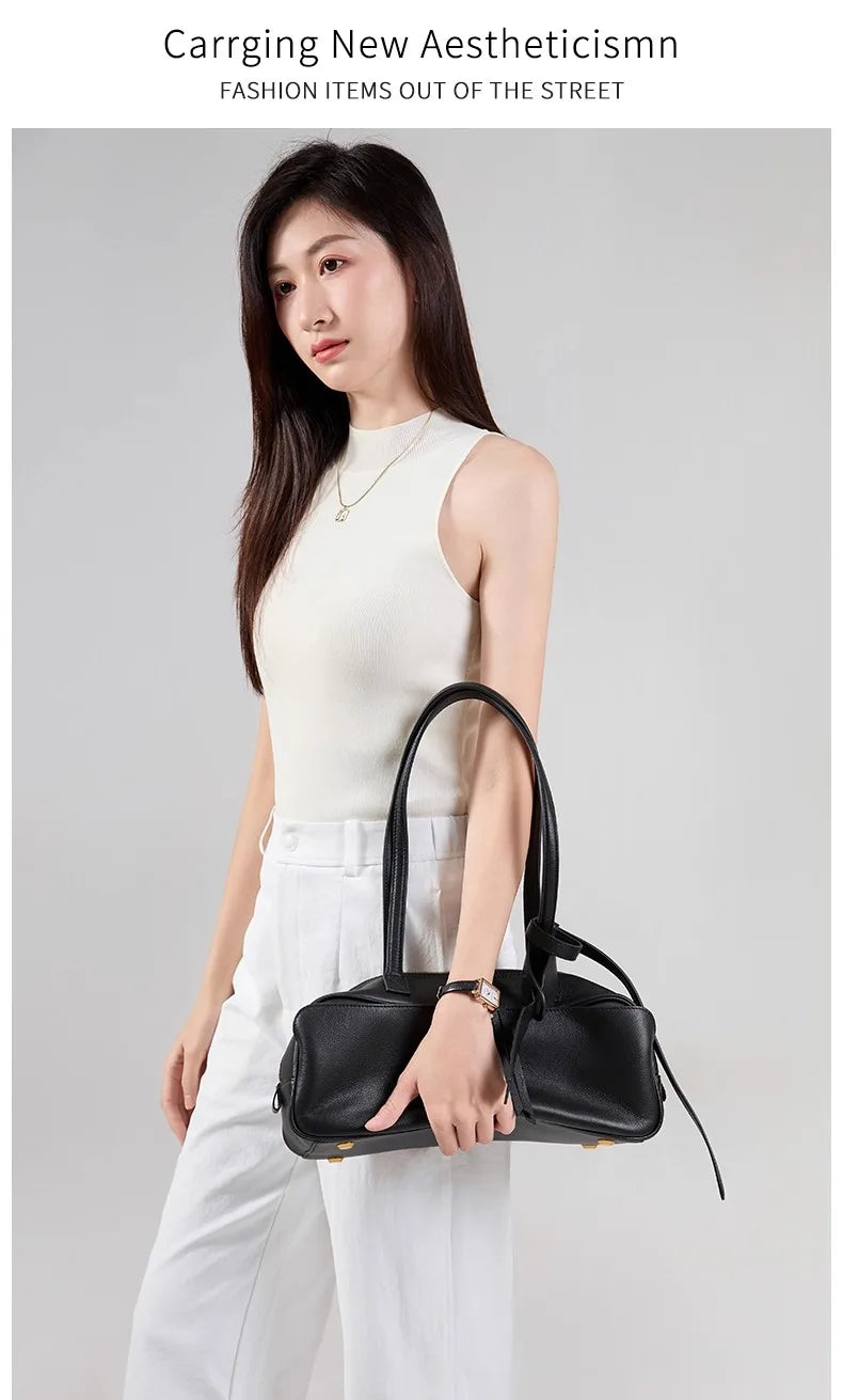 High version genuine leather pillow bag for women 2026 new all-match large capacity first layer cowhide bowling bag for women