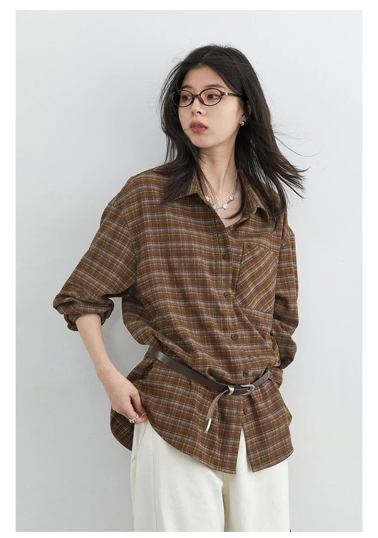 New Women Shirt Loose Casual Long Sleeved Vintage Thick Sanding Female Plaid Blouses Single-breasted Autumn Winter 2026