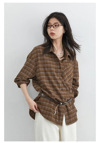 New Women Shirt Loose Casual Long Sleeved Vintage Thick Sanding Female Plaid Blouses Single-breasted Autumn Winter 2026