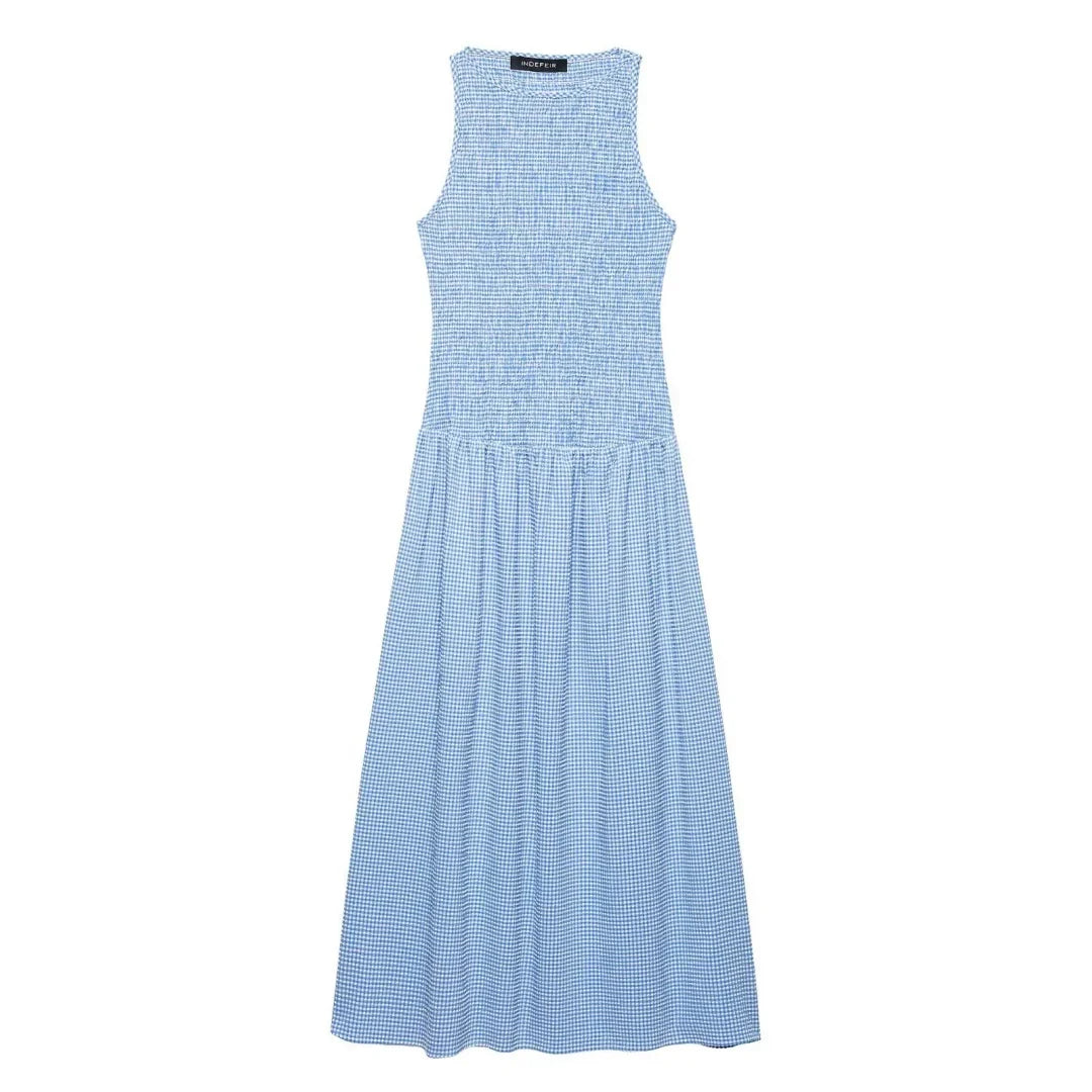 Dress for Women Fashion Summer New Plaid Fold Sleeveless O-neck Midi Vest Dresses French Chic Female Evening Clothing