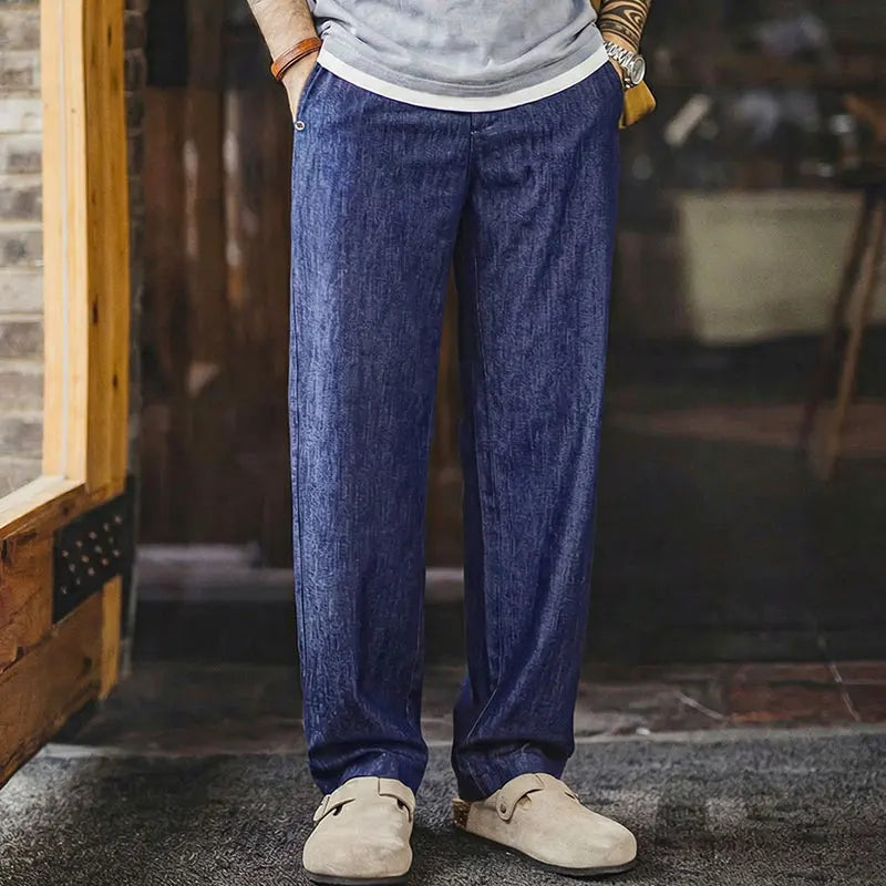 Men's Vintage Denim Jeans Washed Blue Lightweight Baggy Straight Wide Leg Zipper Casual Spring Summer Pants