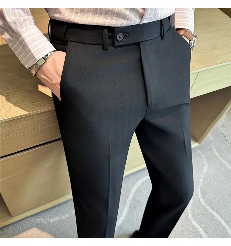 High Quality Pinstripe Slim Fit Suit Pant Men Stretchable Elastic Waist Slim Fit Business Social Wedding Party Casual Trousers
