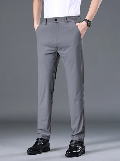 Summer Ultra-thin Casual Pants Men's High Elastic Quick-drying Ice Silk Straight Business Formal Casual Trousers Black Gray