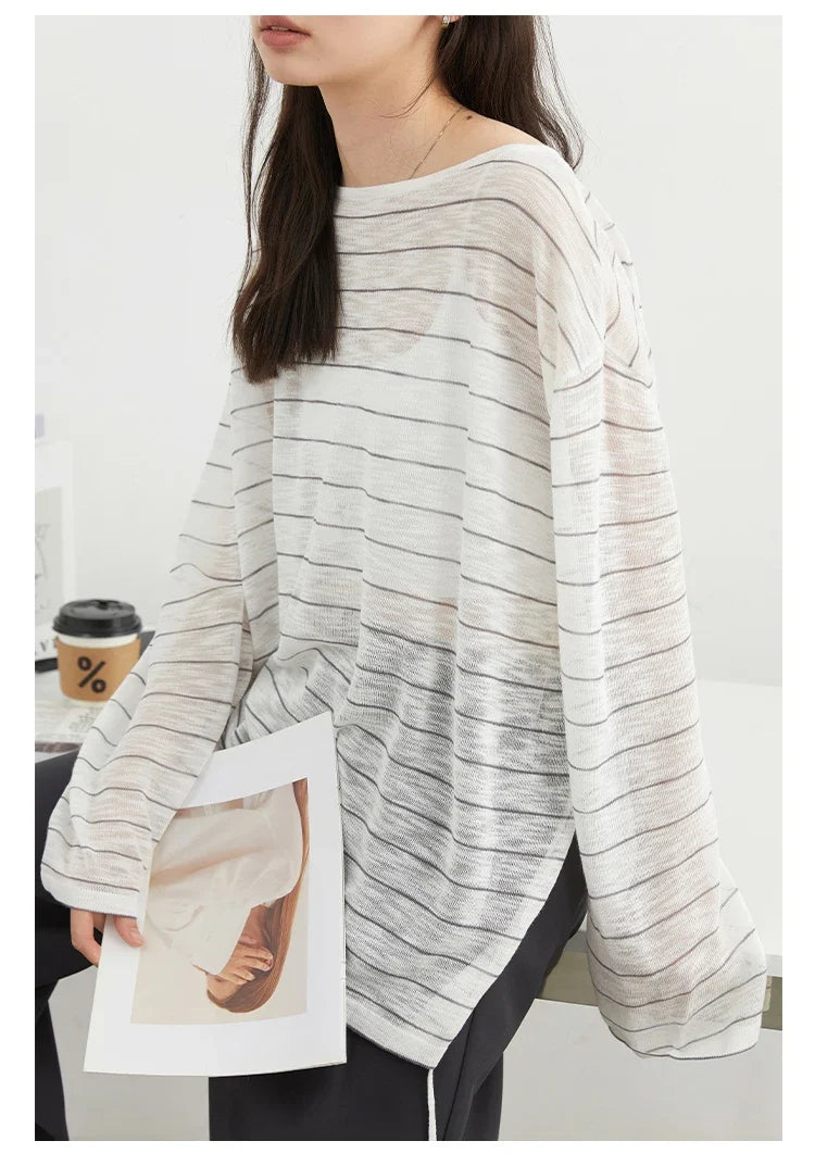 Korean Women T-Shirts Loose Casual New Striped Long Sleeve Sunscreen Shirt Designed Female Tees Summer 2025