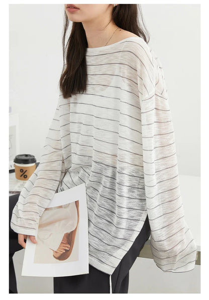 Korean Women T-Shirts Loose Casual New Striped Long Sleeve Sunscreen Shirt Designed Female Tees Summer 2025