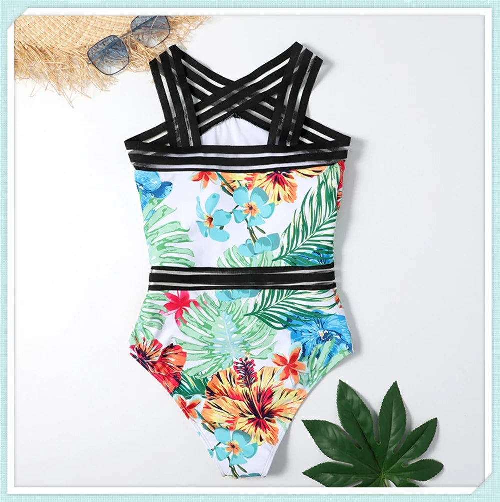 Solid Mesh Tape Swimsuit 2026 One Piece Sexy High Neck Swimwear Women Cross Front Bathing Suit Female Padded Beachwear Bodysuit