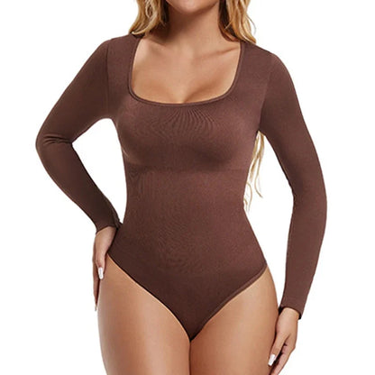 Open Crotch Big U Neck Seamless Bodysuit Long Sleeve Spandex Elastic Body Suit Shapewear Tummy Control Waist Shapers