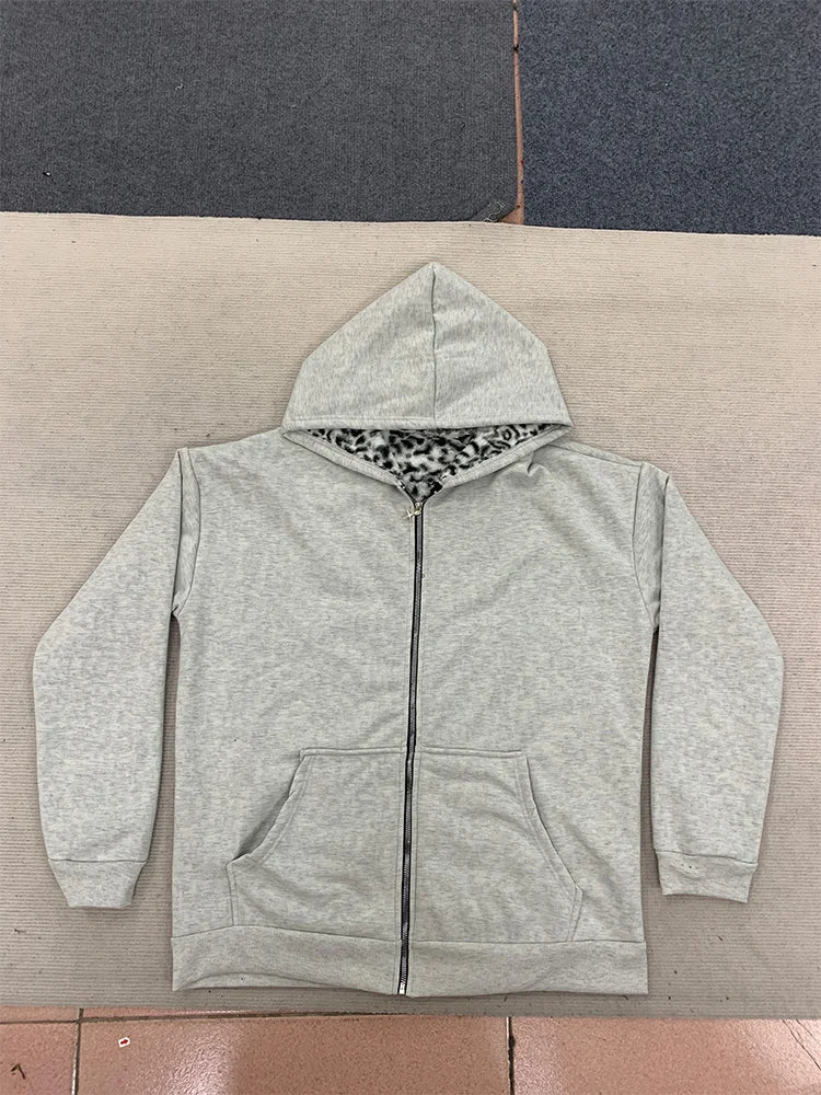 Autumn/Winter Leopard Grey Double sided Zipper Hoodie Men's Casual High Street Warmth Hoodie men's autumn clothing  2025 new
