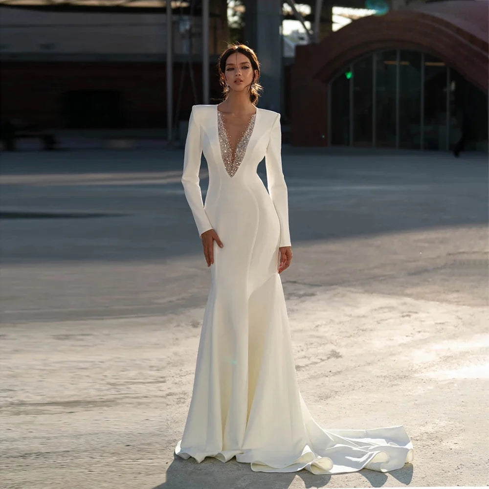 Customized Luxury Bridal Gowns Trumpet Bead Robes De Mariée Long Sleeves Modern Wedding Dress Zipper Back Mermaid Bridal Dresses