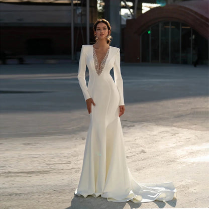 Customized Luxury Bridal Gowns Trumpet Bead Robes De Mariée Long Sleeves Modern Wedding Dress Zipper Back Mermaid Bridal Dresses