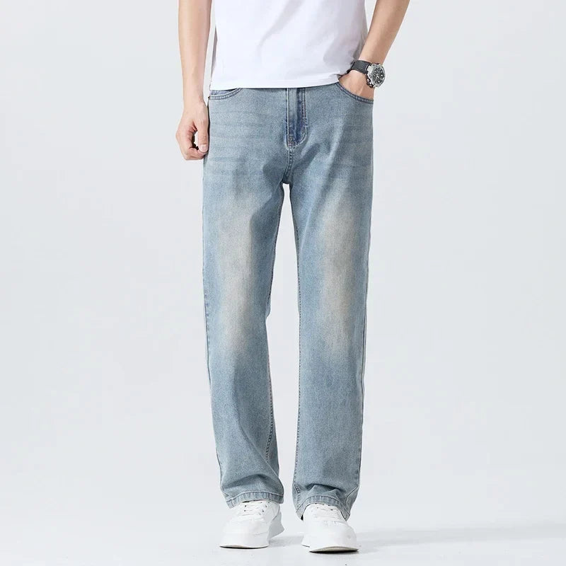 Summer Thin Straight Jeans Men's Clothing Soft Breathable Trousers Male Brand Comfortable Business Loose Denim Pants