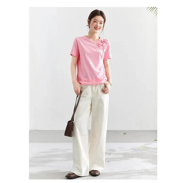 100% Cotton Summer T-Shirt Women 2026 Pink Tees Fashion Heavy 3D Floral Casual Crew Neck Short Sleeve Top A6182