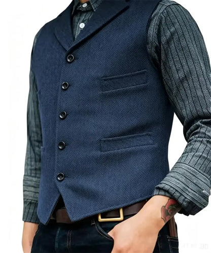 Men's Wool Tweed Suit Vest Lapel V Neck Sleeveless Herringbone Retro Casual Slim Fit Wedding Business Waistcoat for Tuxedos