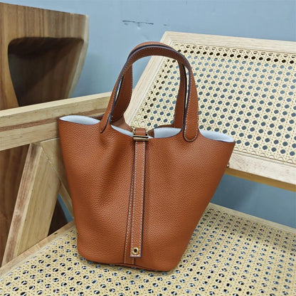 Top Layer Cowhide Leather Handbag European Sle Buet Bag Fre Vegetable Basket Ladies Handbag Soft Handle Casual Faion