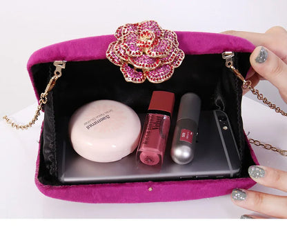 Diamonds Flower Velvet Evening Bag Women New Elegant Chain Banquet Dress Clutch Bag Ladies Wedding Dinner Party Box Small Purses